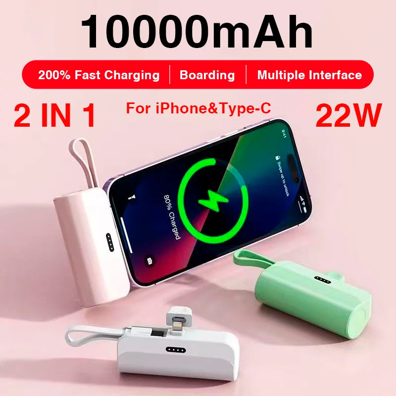 Mini Banco de Potência Portátil, Bateria Externa, Plug, Play, Tipo C, Carregador Rápido, Eficaz, iPhone, Samsung, Xiaomi, 50000mAh e 10000mAh