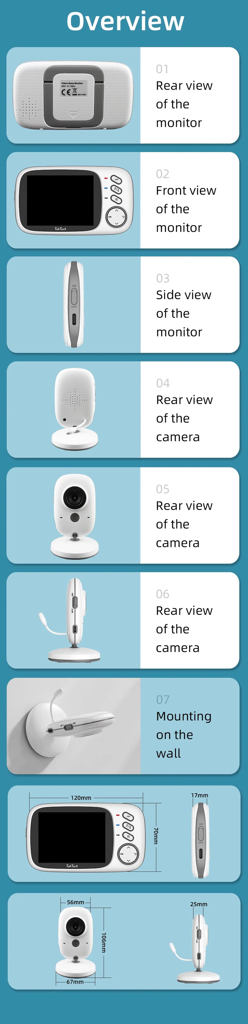 TakTark 3,2 polegadas monitor de vídeo sem fio para bebês com canções de ninar visão noturna automática intercomunicador bidirecional monitoramento de temperatura babá