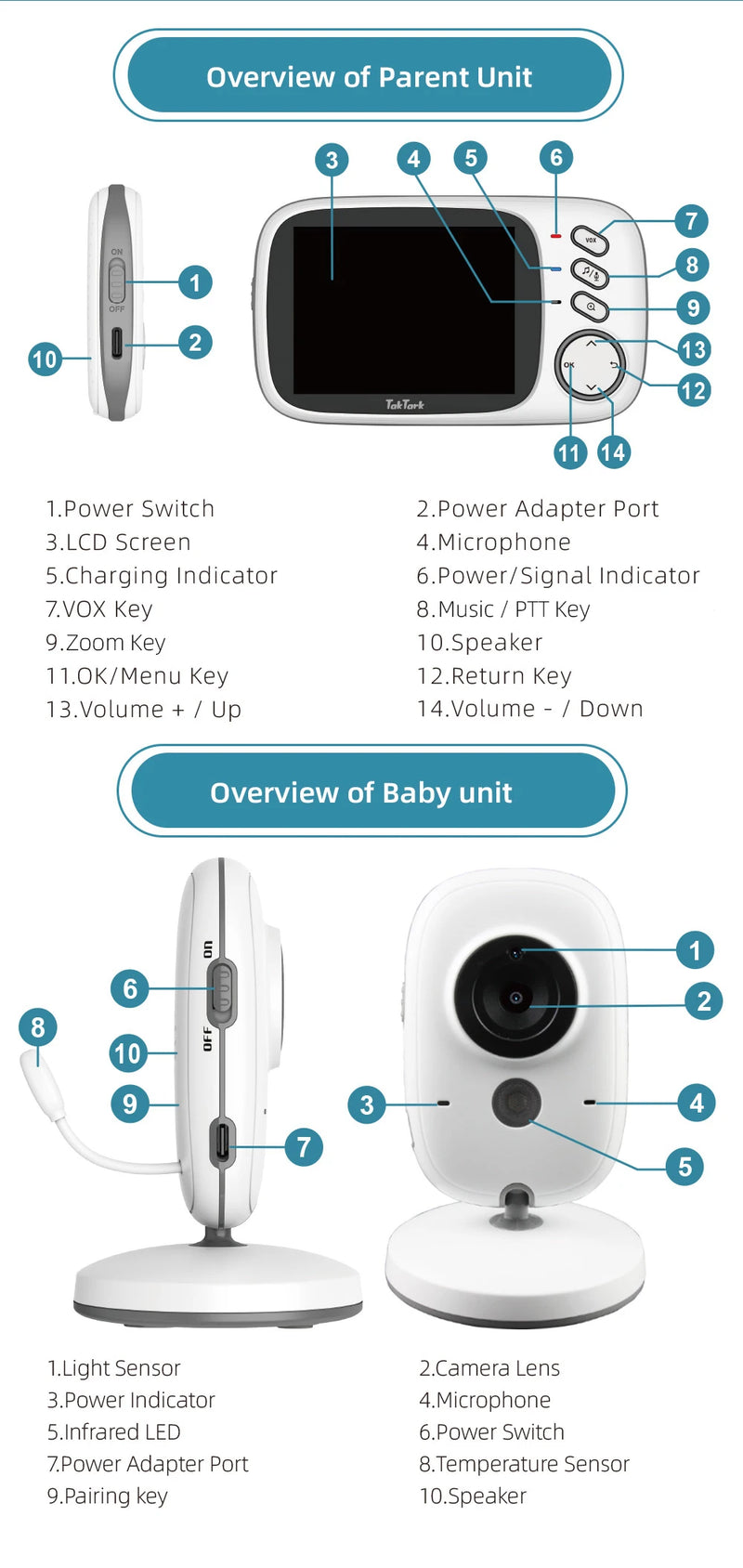 TakTark 3,2 polegadas monitor de vídeo sem fio para bebês com canções de ninar visão noturna automática intercomunicador bidirecional monitoramento de temperatura babá